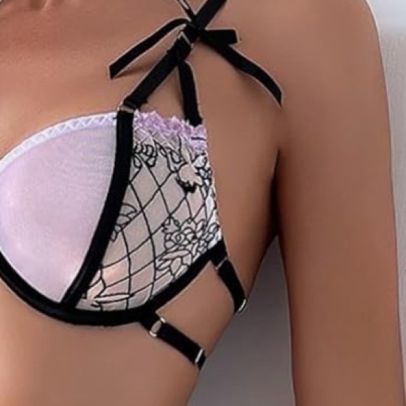 IZA 2pc Sexy Bunny Black & Lilac Purple Sheer Unlined Mesh Satin Bra & Thong Set - Picture 3 of 16